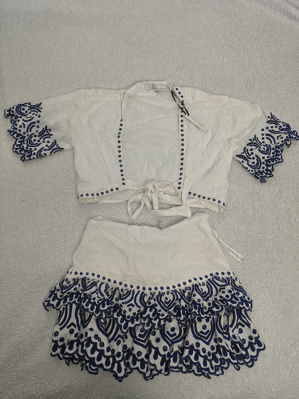 Lovers + Friends White Two-Piece Top & Skirt Set with Navy Embroidery